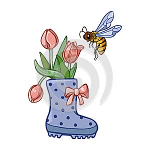 Garden boot with a bouquet of tulips in a flying wasp isolated on a white background.