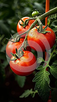 Garden bounty Ripe red tomatoes on the vine, detailed view