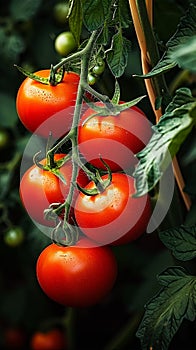 Garden bounty Ripe red tomatoes on the vine, detailed view