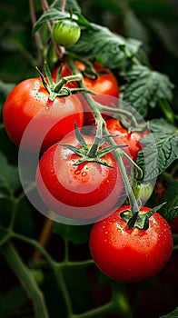 Garden bounty Ripe red tomatoes on the vine, detailed view