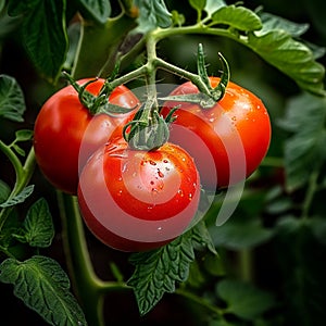 Garden bounty Ripe red tomatoes on the vine, detailed view