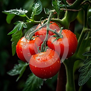 Garden bounty Ripe red tomatoes on the vine, detailed view