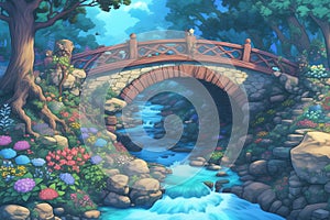 Garden bridge over flowing stream flowers lush greenery fairytale illustration