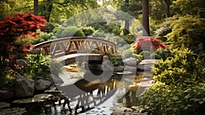 A garden bridge over a gentle stream