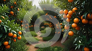 A garden with bright green trees strewn with tangerines on the branches. photo