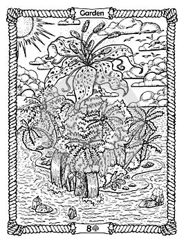 Garden card from the oracle Old Marine Lenormand deck with the unknown island. Nautical vintage background, coloring book page, t-