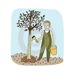 Garden care. Image of a boy caring for a tree.