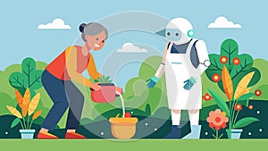 In a garden a care robot waters plants pulls weeds and helps an elderly woman with mobility issues to tend to her photo