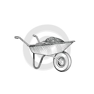 Garden cart with humus. Wheelbarrow engraving. Gardening sign