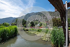 Garden of the Central Park of Andorra La Vella, capital of the Principality of Andorra in the summer of 2022