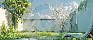 garden chair in the grassy spring yard, white wall house, blue sky with clouds, cartoon style illustration