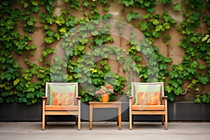 garden chairs in front of ivycovered wall