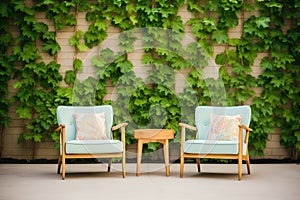 garden chairs in front of ivycovered wall