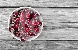 Garden cherry, rustic style. healthy food. sweet, dessert, Top view with copy space