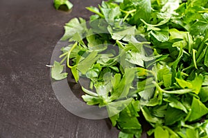 Garden chopped fresh parsley with green fragrant leaves on a board close up