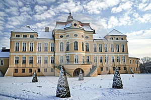 garden and classicist facade of the palace in the village of Rogalin during winter