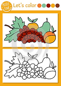 Garden coloring page for children with fruit. Vector autumn outline illustration with harvest. Color book for kids with colored