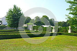 Garden and courtyard in the summer on the site of Red Stone Castle in Slovakia