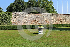 Garden and courtyard in the summer on the site of Red Stone Castle in Slovakia