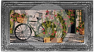 Garden cycle scenery style Vintage silver framed multicolor flower doormat