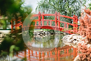 Garden decor, red bridge