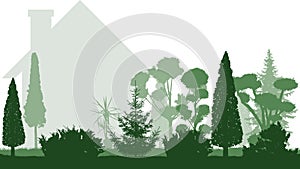 Garden decorative trees silhouettes. Shrubs, bonsai, thuja, spruce, etc. near the house. Vector illustration