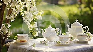Garden elegance Mother\'s Day tea party delightfully set.AI Generated