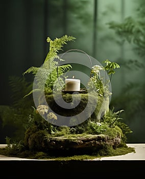 a garden and emty podium made from plants