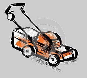 Garden equipment. Lawn mower. Illustration in the style of careless sketch and scrapbooking.