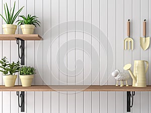 Garden equipment wood shelf 3d render