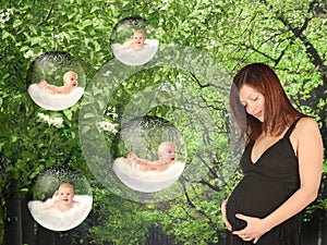 In garden an expectant mother dreams about babies