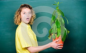 Garden experience. environmental education. teacher woman in glasses at biology lesson. surprised student girl with