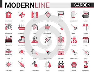 Garden farm tools flat line icon vector illustration set of gardening or landscaping accessories for gardener farmer