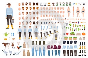 Garden or farm worker creation set or constructor kit. Bundle of male character body parts, clothes, emotions, working