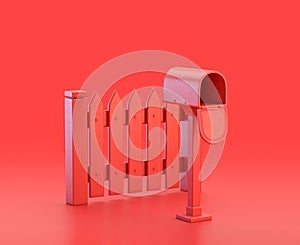 Garden fence and mailbox  in red background, monochrome single color red 3d Icon, 3d rendering