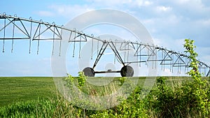 Garden field and irrigation equipment. Wheel line sprinkler irrigates field in fertile farm fields. Irrigation plant for
