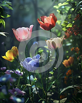 A garden of five magical flowers, each one blooming more fully based on the rating, from a bud to a full blossom , advertise photo