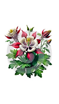 Garden flower. Aquilegia Crimson Star flowers, watercolor illustration.Botanical bouquet on white background