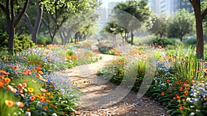 Garden flower bed in the park with blooming flowers and grass. Landscape design. Anti-lawn movement concept.