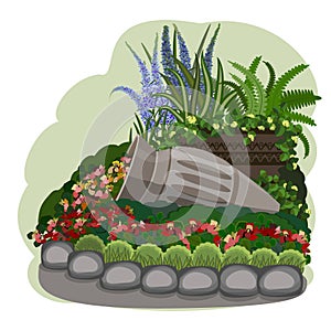 Garden flower bed with vintage pot. Landscape garden design with blooming cascading flowers.