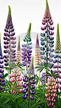 Garden flower. Colorful lupine flowers, watercolor illustration.Botanical bouquet on white background