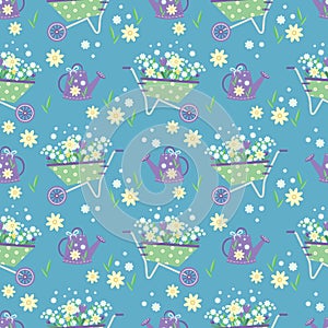 Garden flower pot on a trolley with polka dots for a bouquet of plants, blue flowers, yellow and blue, green leaves, purple water