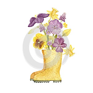 garden flowers in boots, drawn in watercolor for cards, textiles, design