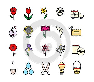 Garden flowers and field flowers icon set. Isolated vector icons. Home gardening, flowers shop and flowers delivery