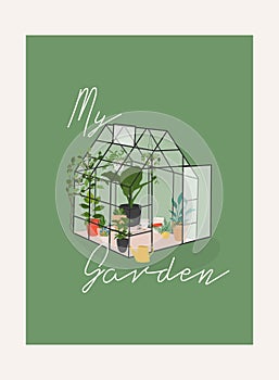 Garden, flowers and plants at home and outdoor. Glass greenhouse, home garden