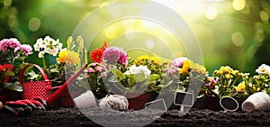 Garden Flowers and Plants on a Sunny Background. Gardening Concept