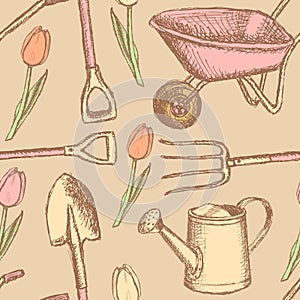 Garden fork, barrow, watering can and shovel, seamless pattern