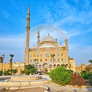 The garden with fountain at Alabaster Mosque, Cairo, Egypt