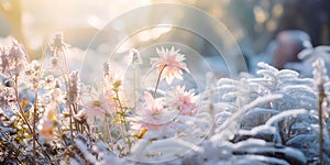 garden with frosted flowers and delicate plants, showcasing the unique beauty that winter brings to nature.