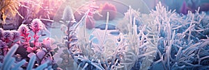 garden with frosted flowers and delicate plants, showcasing the unique beauty that winter brings to nature.